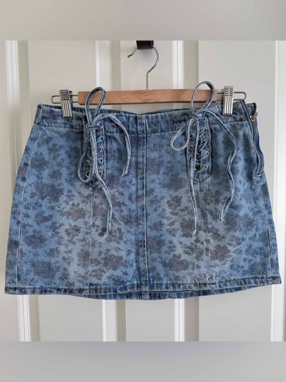 PTCL Lace-Up Floral Wash Denim Mini Skirt - Blue